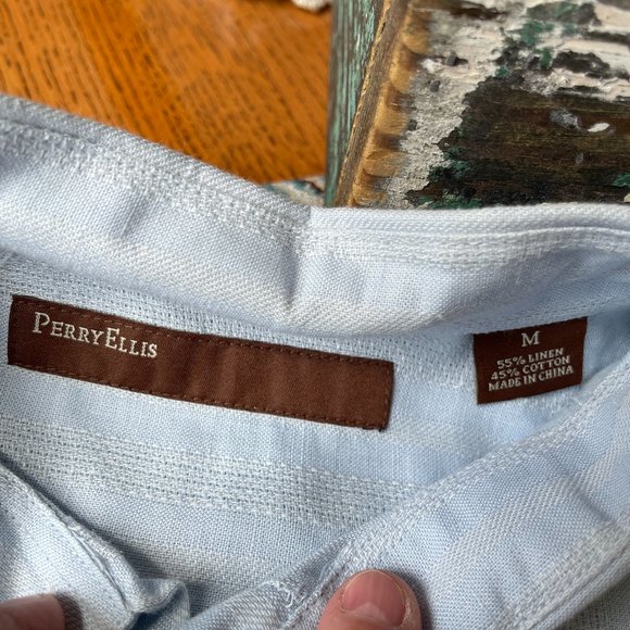 Perry Ellis Linen Cotton NEW short sleeve shirt button pockets blue notched M - Picture 4 of 7